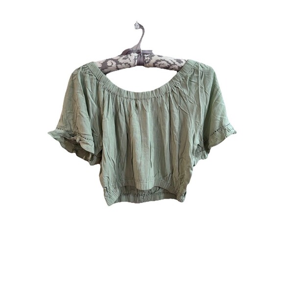 Sage Green Boho Crop Top Lace-Trim Front Elastic Neck & Sleeve Large NEW - Picture 2 of 6